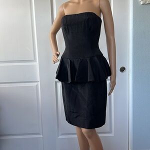 Vtg 90s CACHE x AJ BARI black strapless peplum back bow bodycon dress S